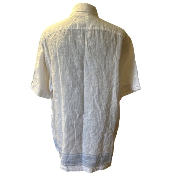 Baird McNutt Mens Linen Short Sleeve Button-Up Shirt With Blue Stripe Hem Size L - Picture 3 of 6